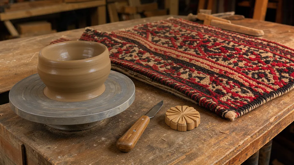 Nesebar's Traditional Crafts — Pottery, Weaving, and Woodwork — illustration